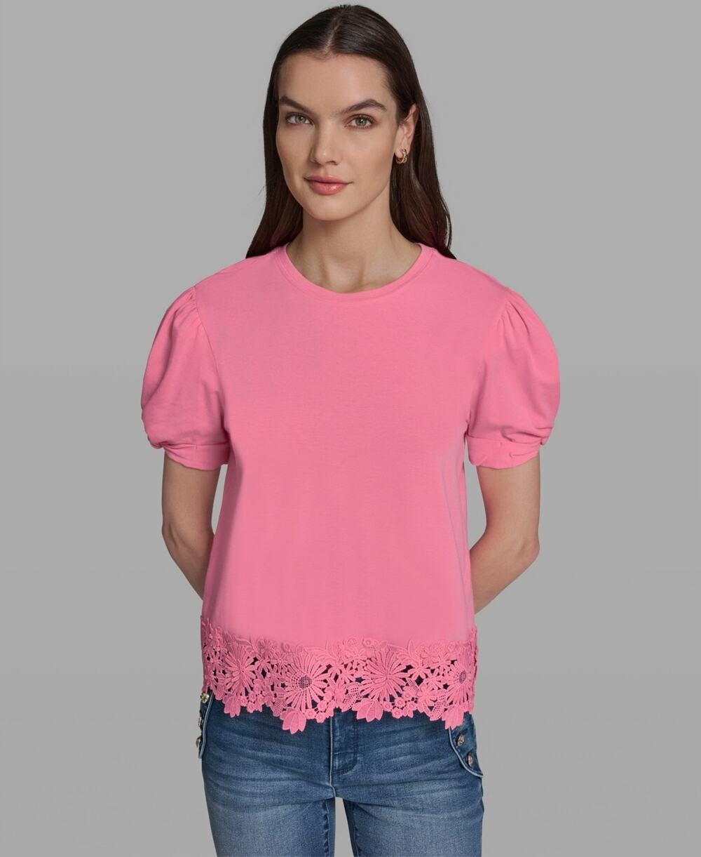 KARL LAGERFELD PARIS Crew Neck Short-Sleeve Floral Crochet-Trim Top Size XL 3879